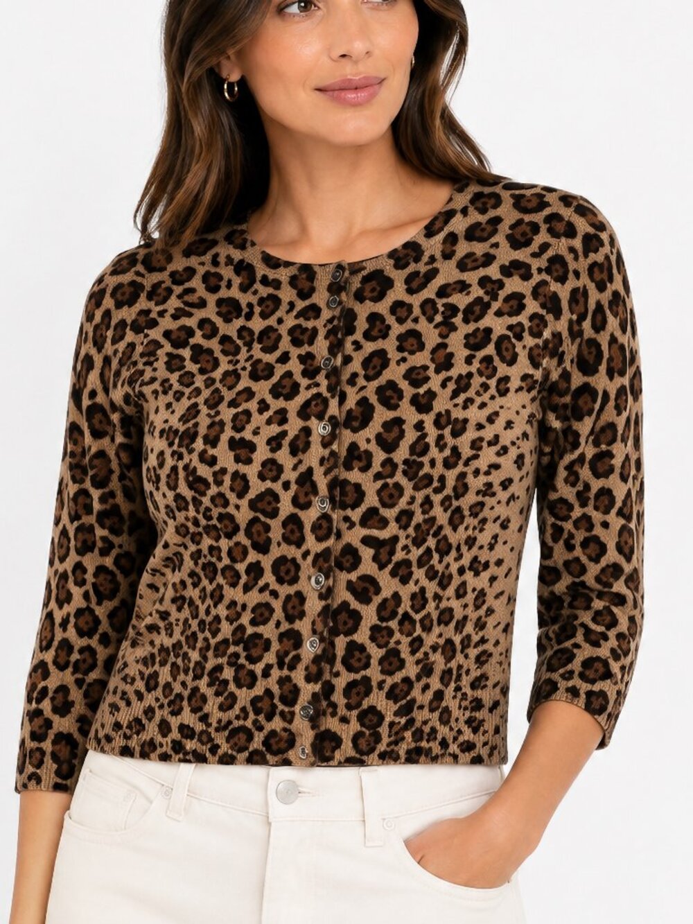 J.Crew Factory Leopard Cardigan S 100% Wool Cropped 3/4 Sleeve Animal Print